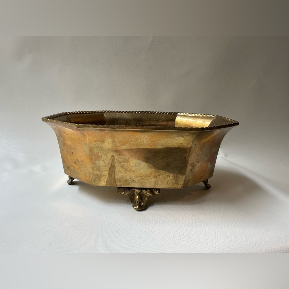 Solid Heavy Brass Octagon Footed Planter Bowl 3.5” Tall, 8” Length, 5.5” Wide